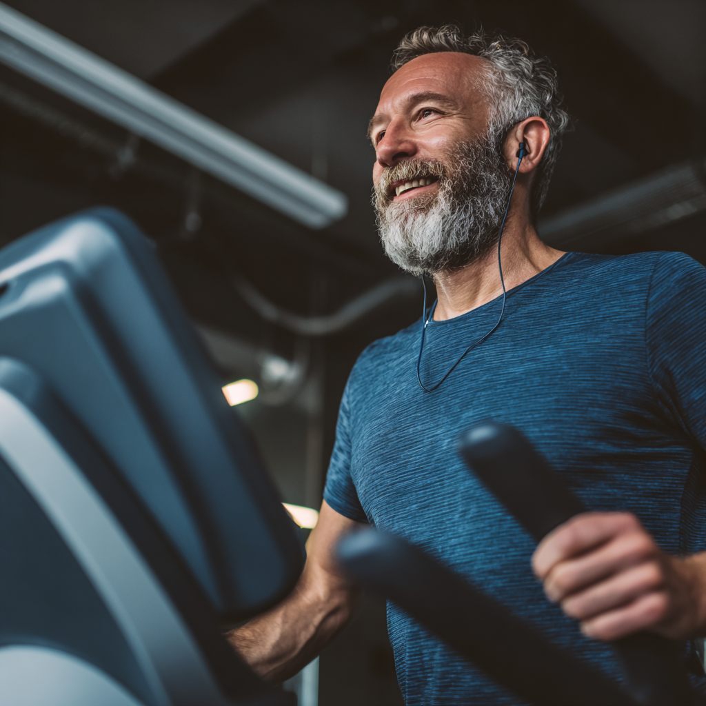 50 years old man enjoying cardio workout in modern fitness environment