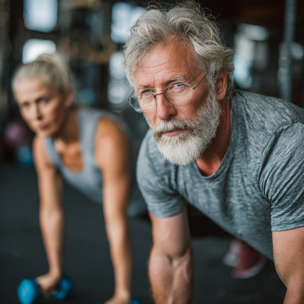 Confident old-aged person working out with professional trainer guidance